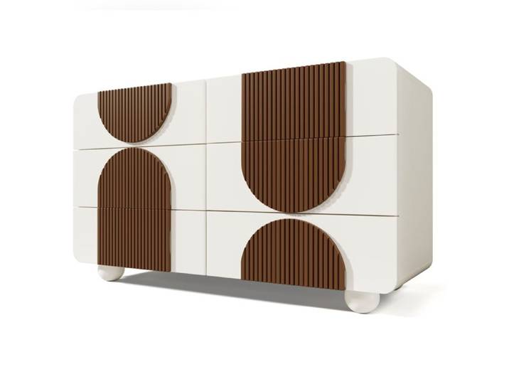 Commode blanche 6 tiroirs design incurvé avec détails bois chocolat rangement élégant pour chambre et salon