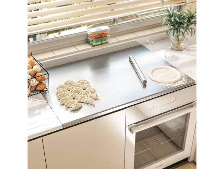 tonchean Schneidebrett Edelstahl 80x58cm Schneidebrett Robuster Arbeitsflächenschutz, großes Brot-Gebäckbrett mit Lippe und Nudelholz, zum Kneten von Brot, Fleisch, Gemüse