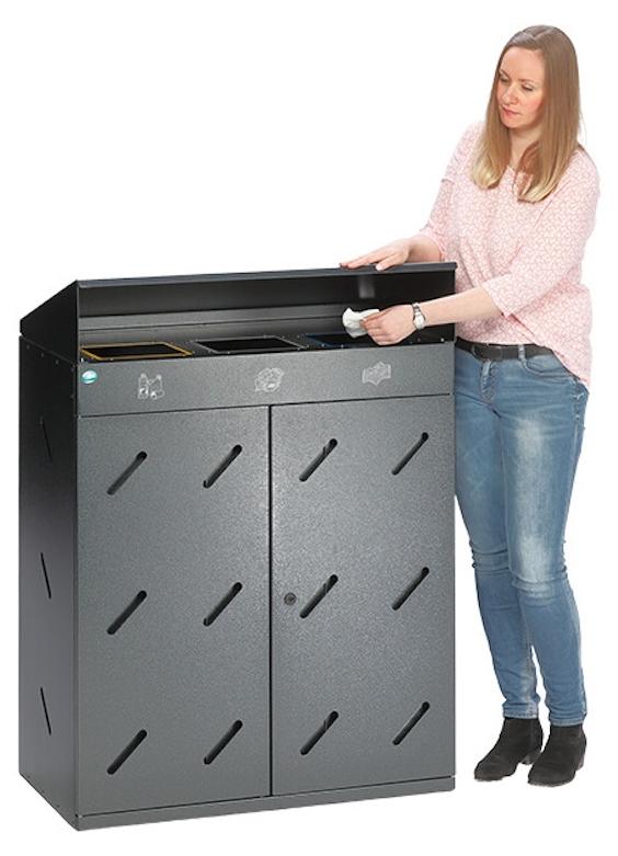 Robuste Wertstoffsammlstation 3-Fach-Einwurf | 300 Liter, HxBxT 118,5x89x50cm | Verzinkter Stahl | Grau