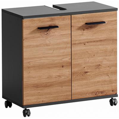 Waschbeckenunterschrank WELLTIME "Palermo, Breite 59 cm", schwarz (anthrazit, artisaneichefarben), B:59,8cm H:63,4cm T:32,6cm, FSC-zertifizierter Holzwerkstoff, Schränke, Waschbeckenunterschrank, Metallbeschläge, Siphonausschnitt