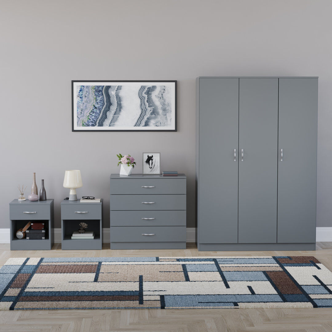 17 Stories Tayce 4 Piece Bedroom Set (1 Drawer Bedside Chest X2, 4 Drawer Chest, 3 Door Wardrobe) Grey