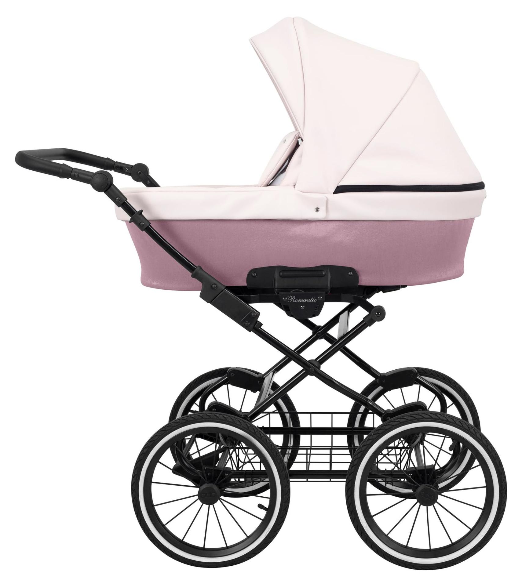 Kinderwagen Kunert Romantic mit Babywanne - Schwarzer Rahmen - Farbe: Rosa Eco