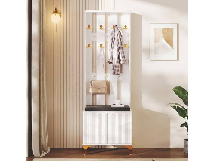 Garderobe Ensemble de vestiaire moderne avec banc et coussin vestiaire avec étagère à chaussures pour couloir 60.5x35.2x180.5cm Blan