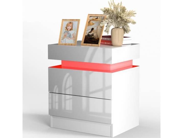 Table de chevet LED - LDSZXNE - Blanc - 2 tiroirs - 45x35x52cm