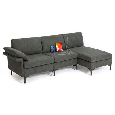 Costway L-Shaped Sectional Sofa Convertible 4-Seater Modular Couch with 2 3-Hole Outlets and 4 USB Ports-Gray