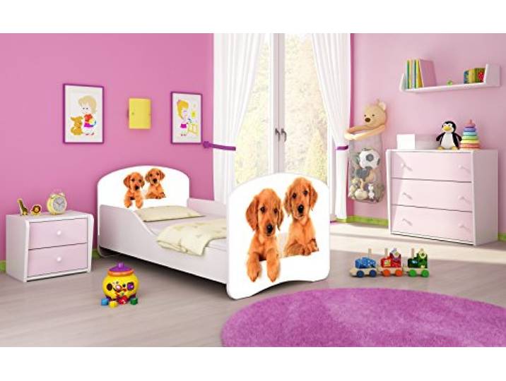 ACMA I Kinderbett 160x80 Jugendbett Komplett mit Matratze Lattenrost Weiß, stabil, Kinderzimmer Bett, Jugendmöbel Design 39 Welpen