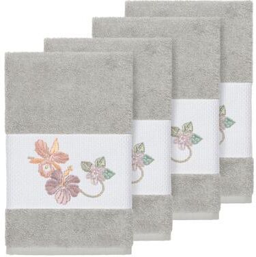 Authentic Hotel and Spa Turkish Cotton Floral Vine Embroidered Light Grey 4-piece Hand Towel Set