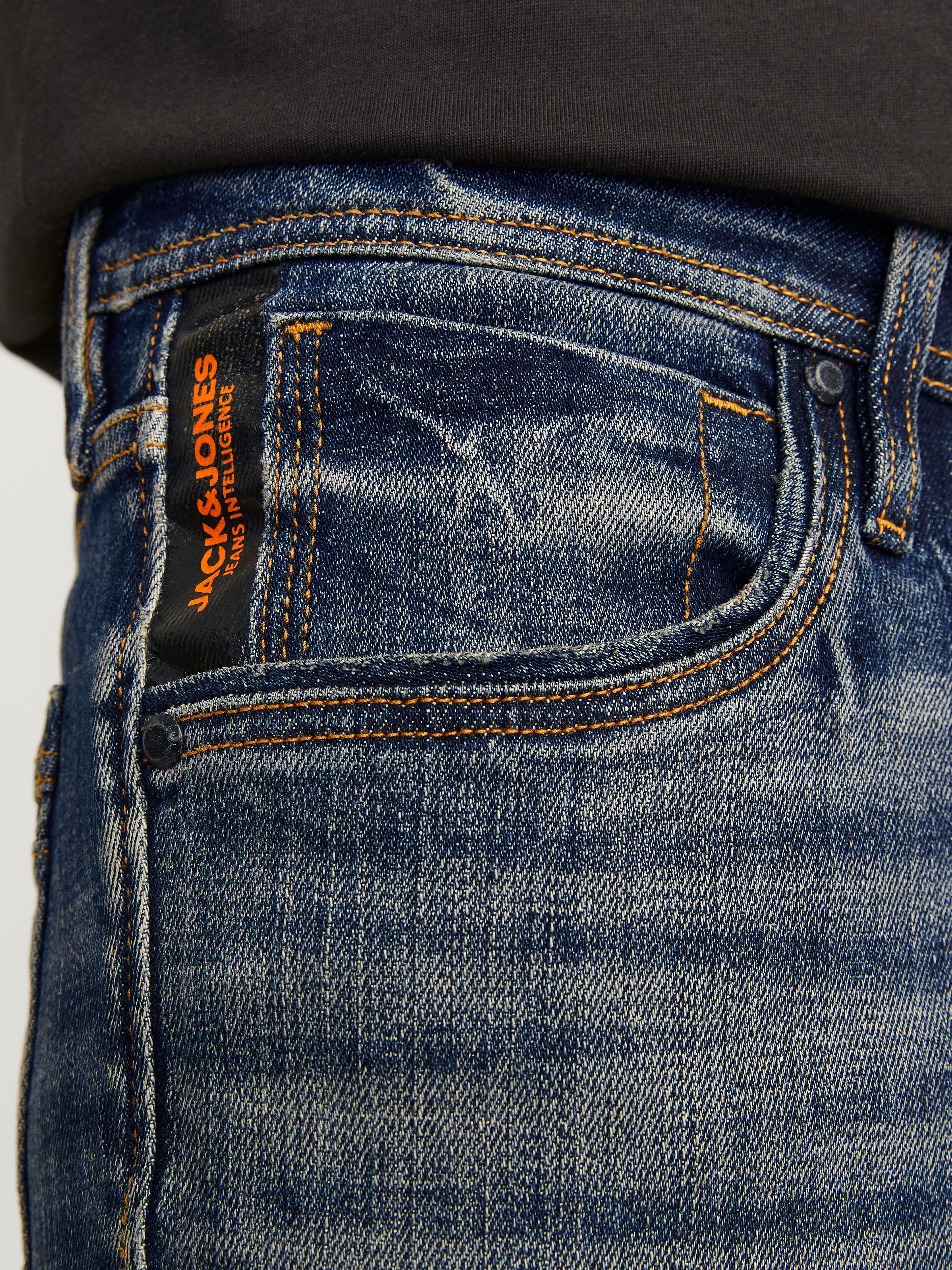 Slim-fit-Jeans JACK & JONES "JJIGLENN JJLUKE GE 938 NOOS", Herren, Gr. 28, Länge 30, blau (mid blau denim), Denim/Jeans, Obermaterial: 98% Baumwolle, 2% Elasthan, Abriebeffekte, slim fit knöchellang, Jeans Slim-fit-Jeans mid blau denim 28, Länge 30