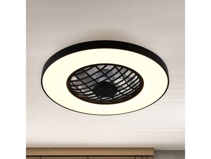 Reality Leuchten LED-Ventilator Linköping leise CCT RGB Remote Lautsprecher Linköping, dimmbar, schwarz, für Wohn- / Esszimmer, Kunststoff, Modern