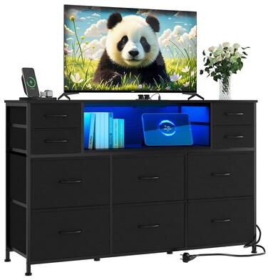 "Garvee 10 Drawer Fabric Dresser, TV Stand with RGB LED Lights and Power Outlet for 45""-55"" TV"