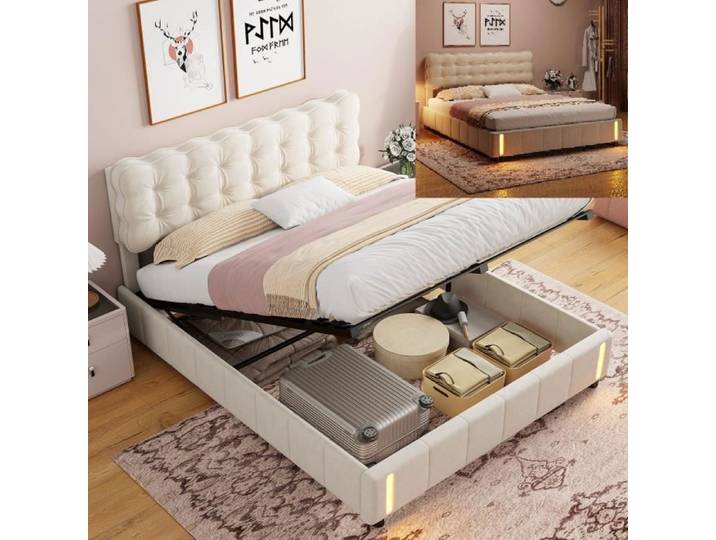 Lit coffre - Velours - 140x200cm - Beige - 2 places - Design contemporain
