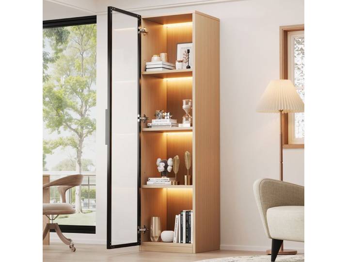 Vitrine avec lumière LED 40×40×165 cm meuble haut minimaliste moderne avec porte vitrée meuble de rangement couleur chêne