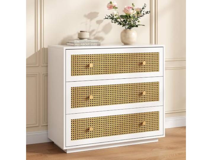 BonVache Quadratische Kommode, 3 Schubladen mit Rattan-Elementen, Weiß Handgeflochtene Rattanfronten, Luftdurchlässig, Moderner Komodenschrank für Schlafzimmer, Wohnzimmer, 80x39.5x80 cm