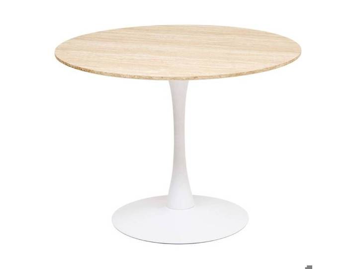 Table à manger ronde 4 places ELIAS - Plateau effet chêne et pied central métal blanc - Atmosphera