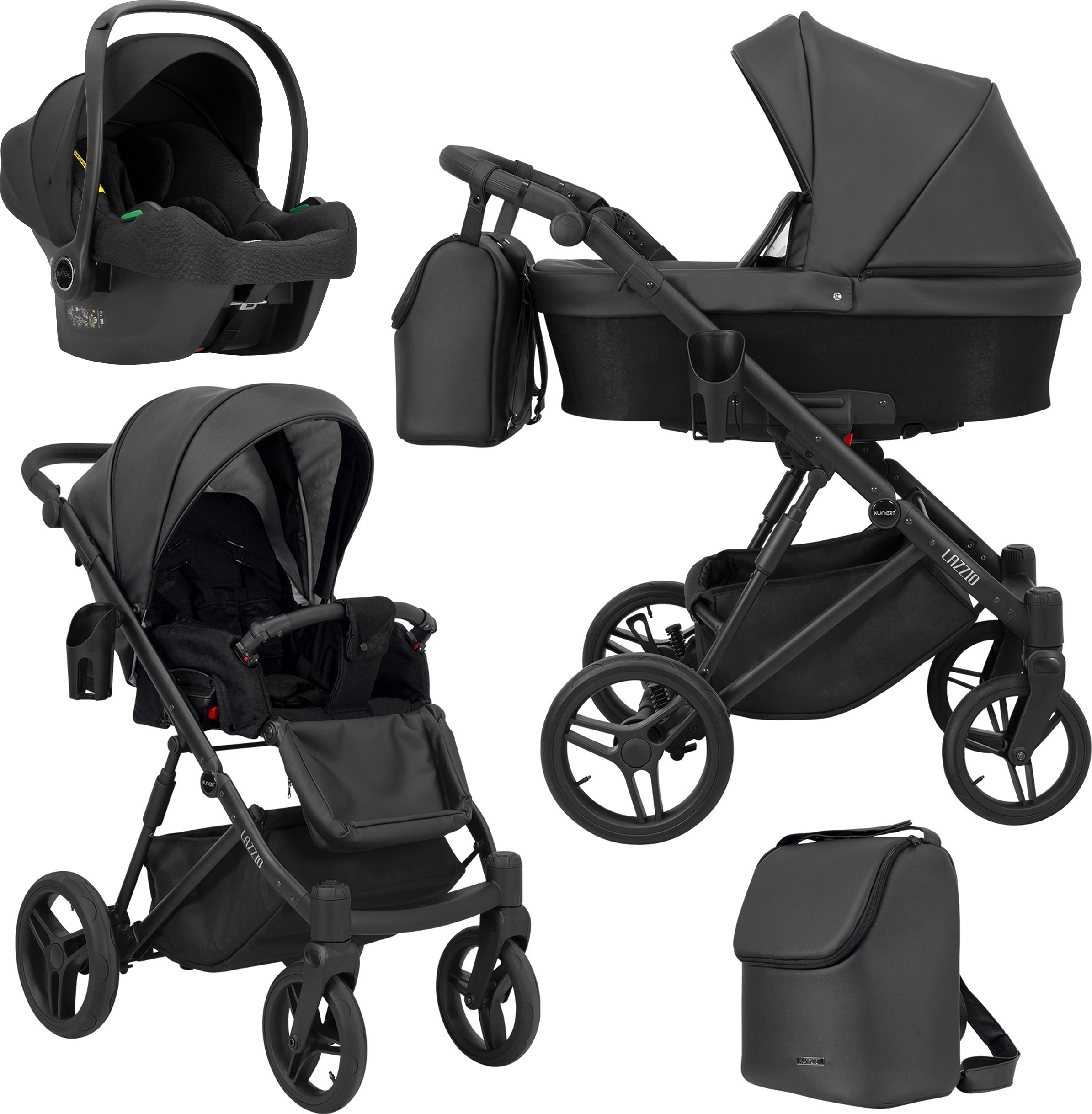 Kinderwagen LAZZIO Sportwagen Babywagen Babyschale Komplettset Kinder Wagen Autositz Set 3 in 1 (LAZ-11, Rahmenfarbe: Schwarz)
