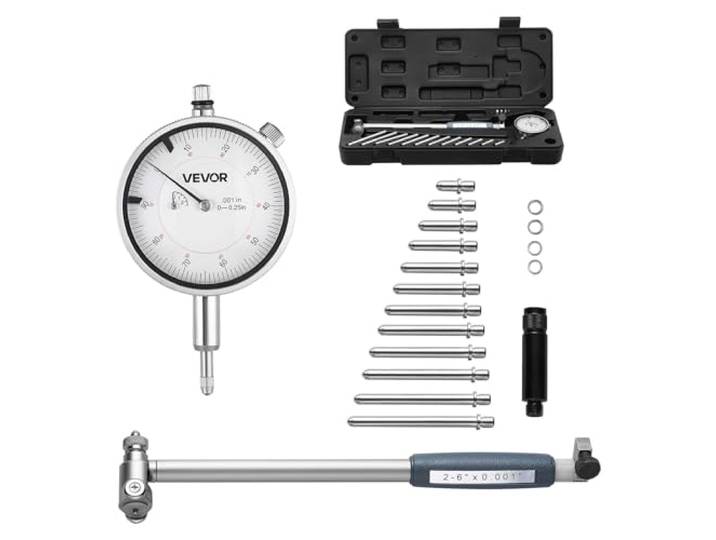 VEVOR Jeu de jauge d'alésage à cadran\, précision 0\,03 mm\, plage d'alésage de 0 à 6\,35 mm\, indicateur de test à cadran et vérificateur de diamètre intérieur\, avec tige\, boîte de rangement et enclumes