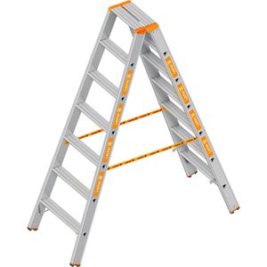 Layher Stehleiter Topic 1043, beidseitig begehbar, Schwerlastleiter aus Aluminium, bis 200kg, mit 2 x 7 Stufen