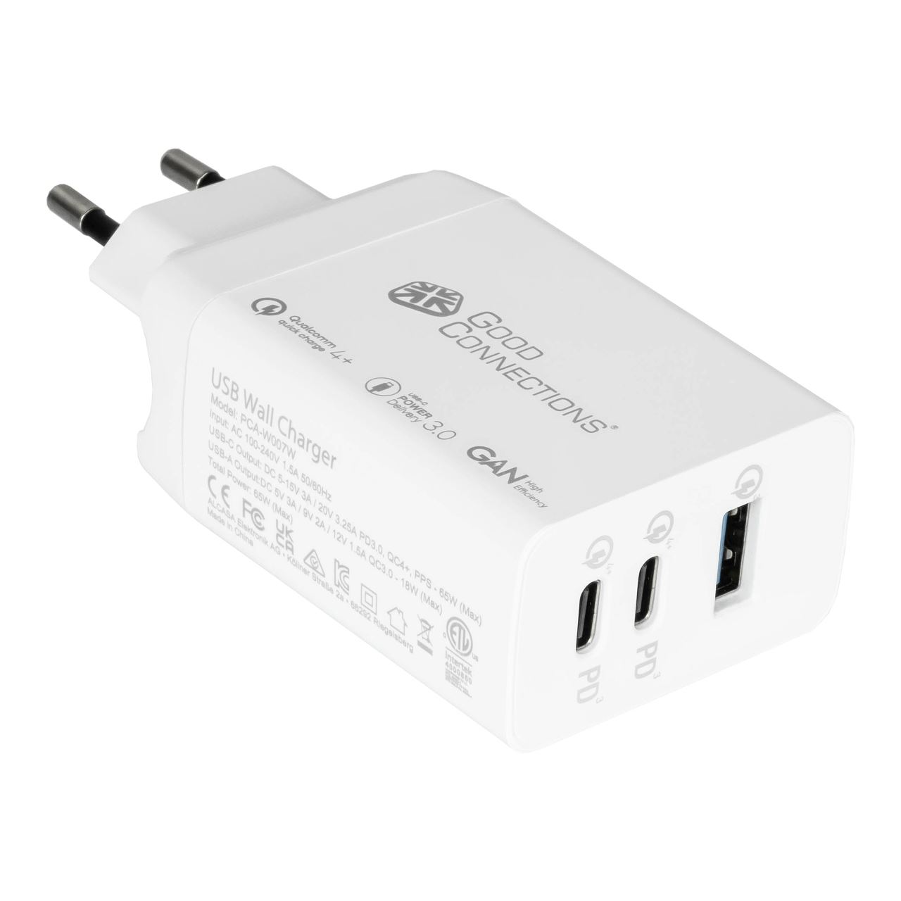 GoodConnections USB-Schnellladegerät 65W mit GaN-Technologie 3-Port 2xUSB-C, USB-A PD3.0 QC3.0 White