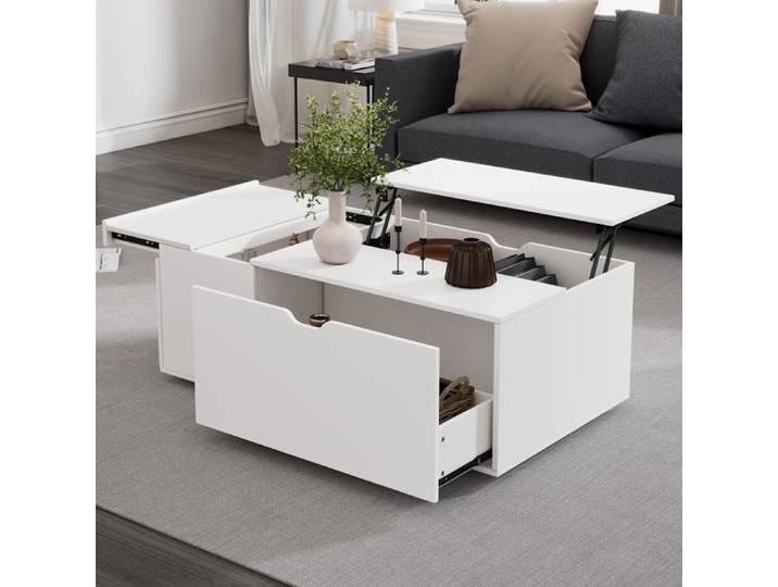 Table Basse moderne-SEYAKANY- avec tiroirs et portes coulissantes - Plateau Relevable-styles de maison blanc