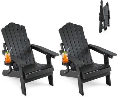 Costway Set of 2 Outdoor Folding Adirondack Chair with Cup Holder and 5-Level Backrest-Black