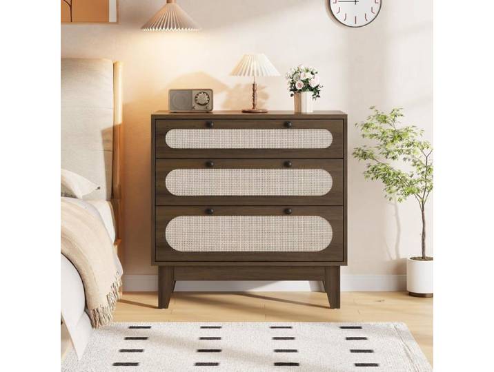 Commode en rotin - LUNSY - 80x40x80 cm - Marron - 3 tiroirs - Design moderne - Style rustique - Polyvalente