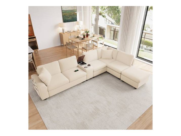 STILVORA Ecksofa L‑förmiges Sofa mit Stauraum‑Ottomane 6-Sitzer-Sofa mit Anschluss, XXL Modulsofa, Loungesofa, Getränkehalter, für Wohnzimmer, kleine Räume, Gästezimmer, Filmabende