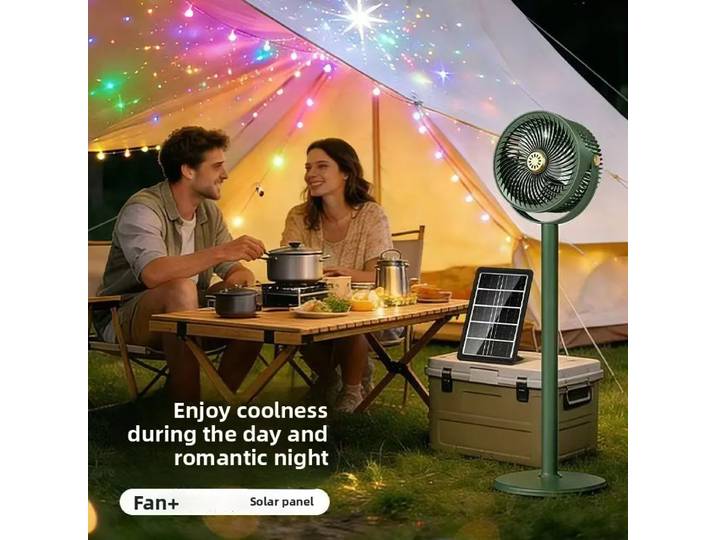 Ventilateur solaire de camping avec batterie 4000mAh, ventilateur de tente alimenté par batterie avec lumière, 5 vitesses de vent réglables, ventilateur de refroidissement pour l'extérieur
