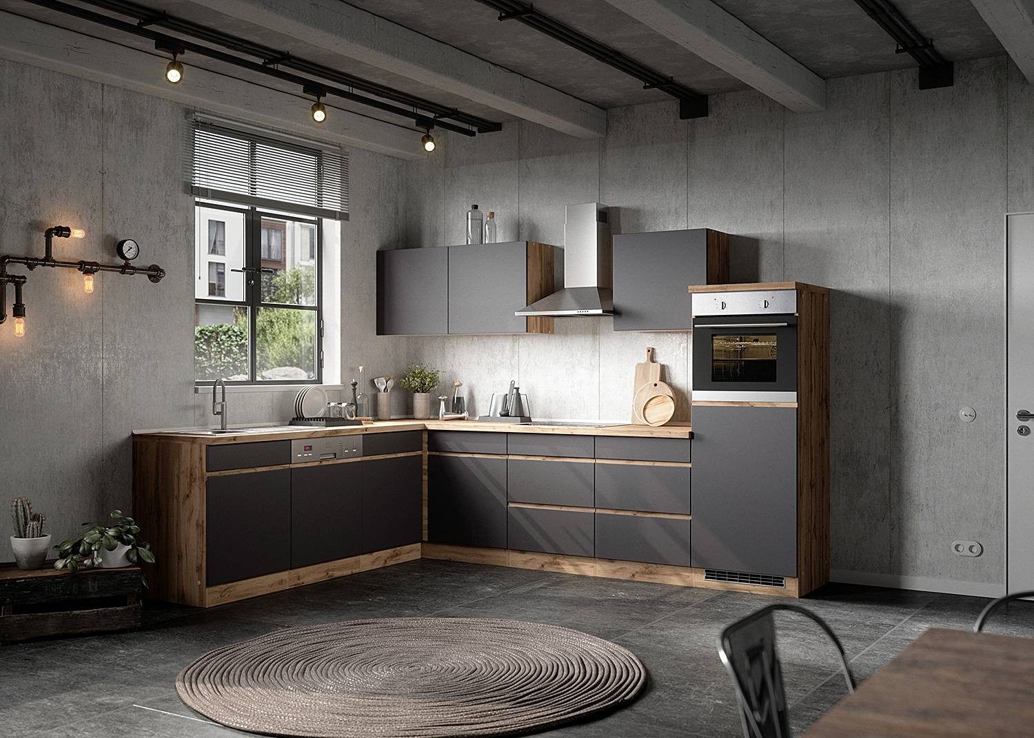 home24 Oven-inbouwkast Turin combi in bruin en grijs met Wotan eikenhouten look, B/D/H: 60 x 60 x 166 cm