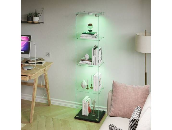 Vitrine en Verre avec LED - 39.8x35x163cm - Vitrine pour Collection - Vitrine salon avec 1 Portes et 4 Étagères Ajustables - Noir
