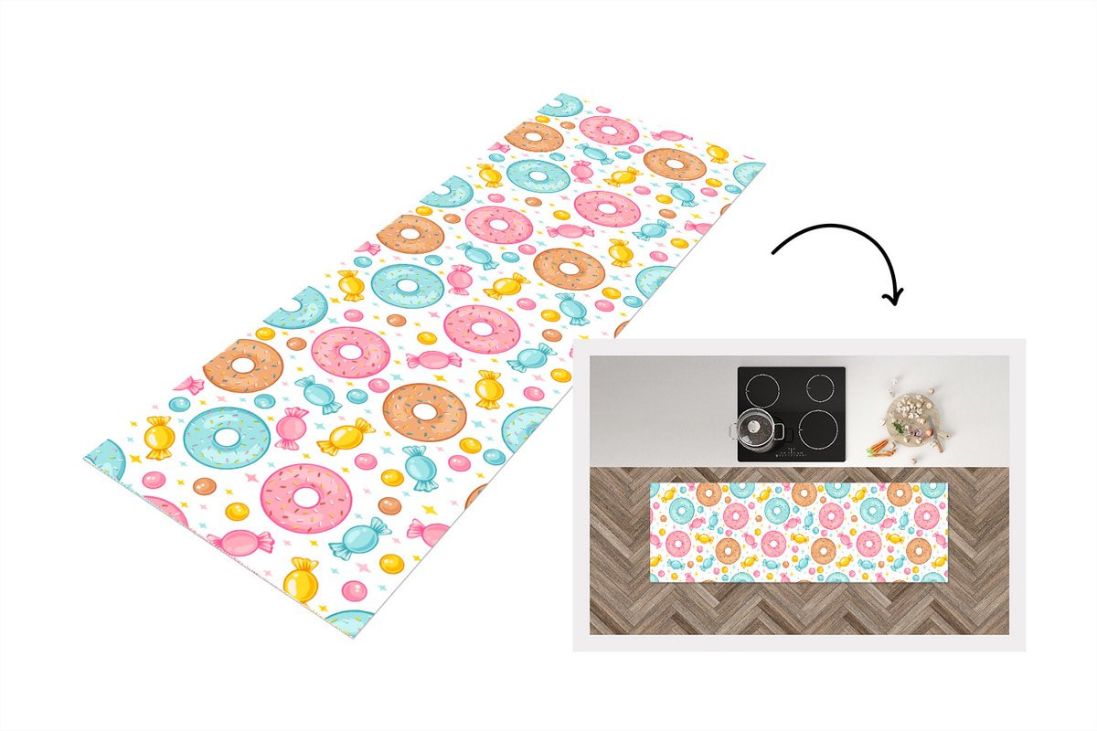 KitchenYeah Keukenloper Vinyl met Snoep en Donuts Patroon - 180 x 60 cm