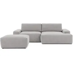 ECKSOFA inkl. Hocker Lennon aus Hellgrau Strukturstoff mit Schlaffunktion und Bettkasten
