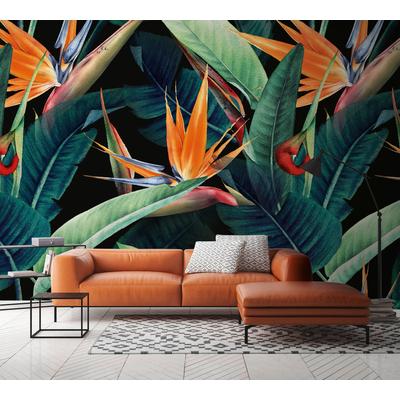 Vliestapete A.S. CRÉATION "Blumentapete Strelitzie Dunkelgrün Orange exotisch", schwarz, B:2,55m H:0,02m L:3,5m, Vlies, Tapeten
