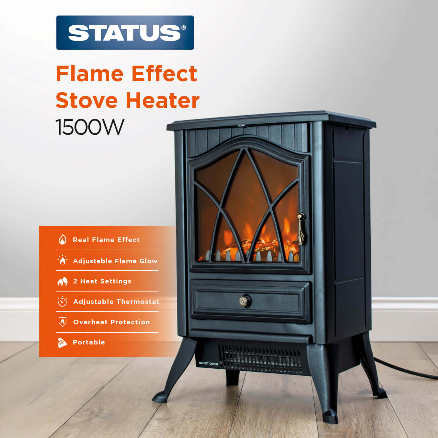 Status 1500W Flame Effect Black Stove Heater