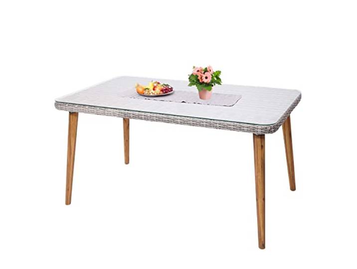 Mendler Poly-Rattan Esstisch HWC-H65 150x90cm Stahl - grau Garten-/Lounge-Tisch, +, Akazie, halbrundes Poly-Rattan, MVG