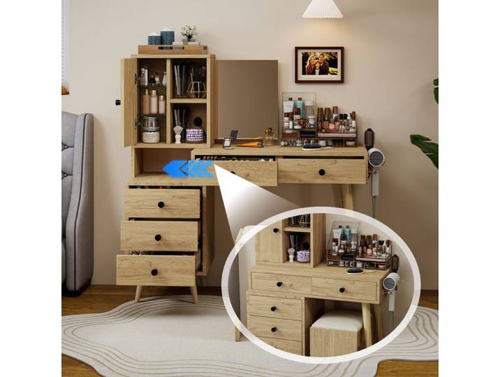 Coiffeuse avec miroir 5 tiroirs avec rangement avec tabouret en bois Naturel + Beige