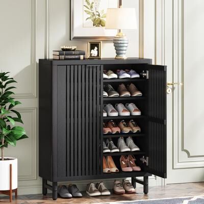 BLUEBELL 24 Pairs Wooden Shoe Storage Cabinet with 2-Door and Adjustable Shelving for Entryway