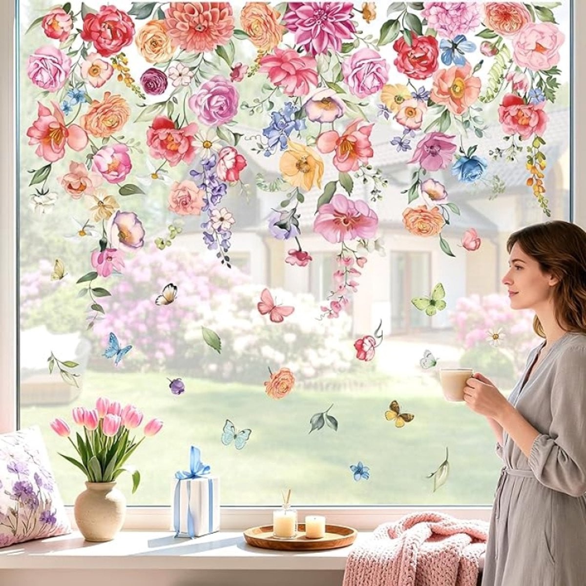 Kleurrijke Bloemen Raamstickers – Statische Decoratie voor Glas, Anti-Collision, 9 vellen (20 x 30 cm)