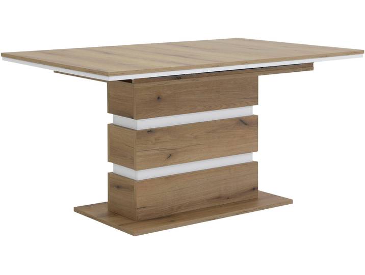 Esstisch HELA AVOLA, Ausziehtisch , braun (evoke eiche, weiß, evoke eiche, weiß, evoke eiche), B:140cm H:76cm T:90cm, Tische, Esstisch, Säulengestell mit Applikationen, Synchronauszug, Melamin, ABS-Kante