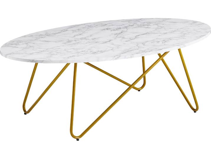 Couchtisch Oval 120x40x60cm Marmoroptik Weiß Metallgestell Wohnzimmer