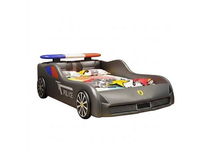 JVmoebel Autobett Graues Kinderbett in Autodesign Polizeiauto LED-Beleuchtung, Made in Europa