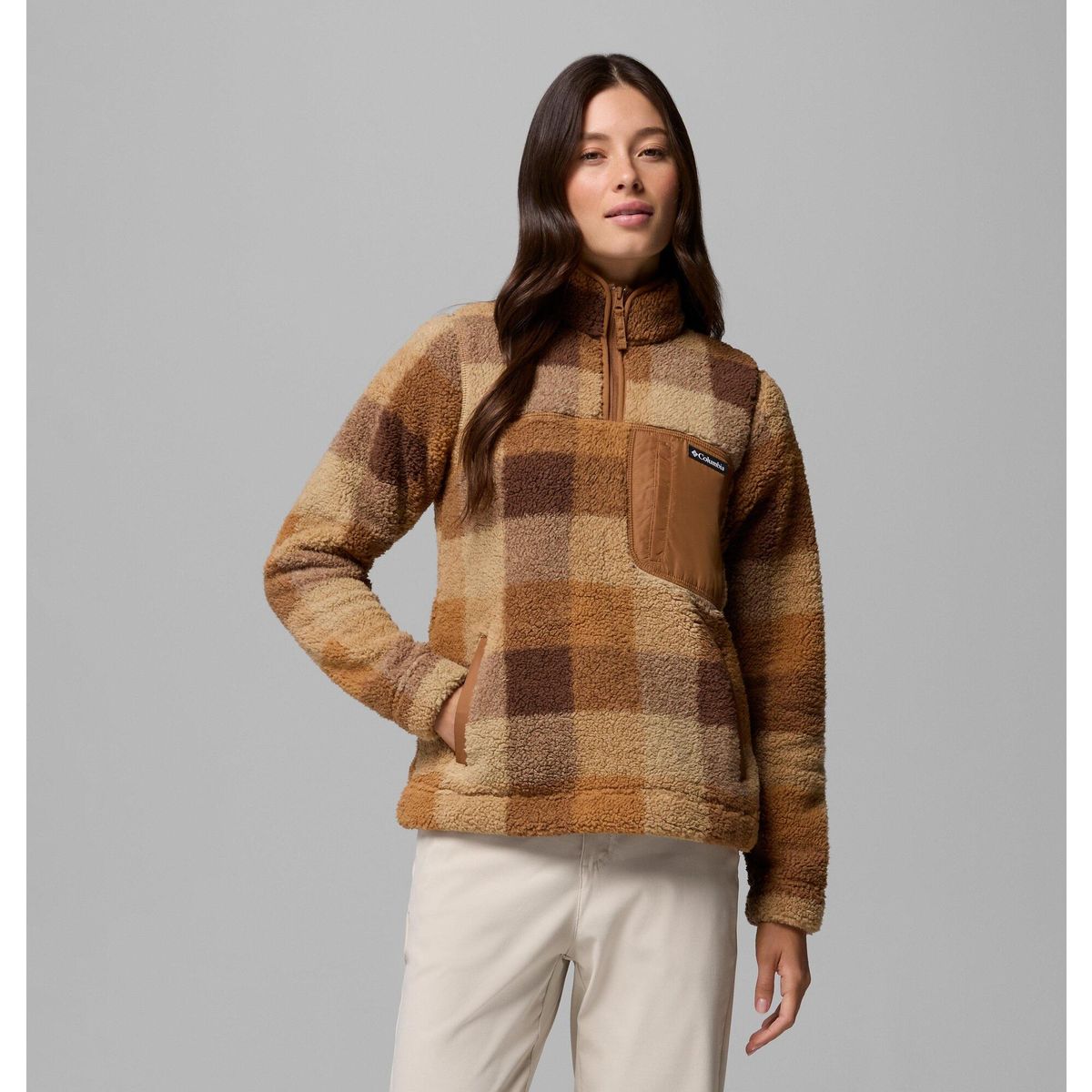 Columbia Women's West Bend II Sherpa Half Zip Fleece camel brown multi buffalo check (225) S 208573-2085734-225-S