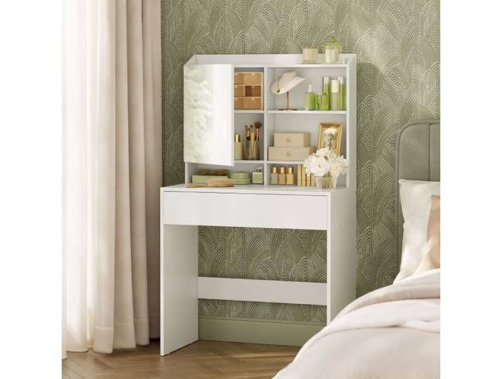 VASAGLE Coiffeuse avec miroir placard de rangement et tiroir SANS TABOURET Style moderne 70x40x136 cm Blanc