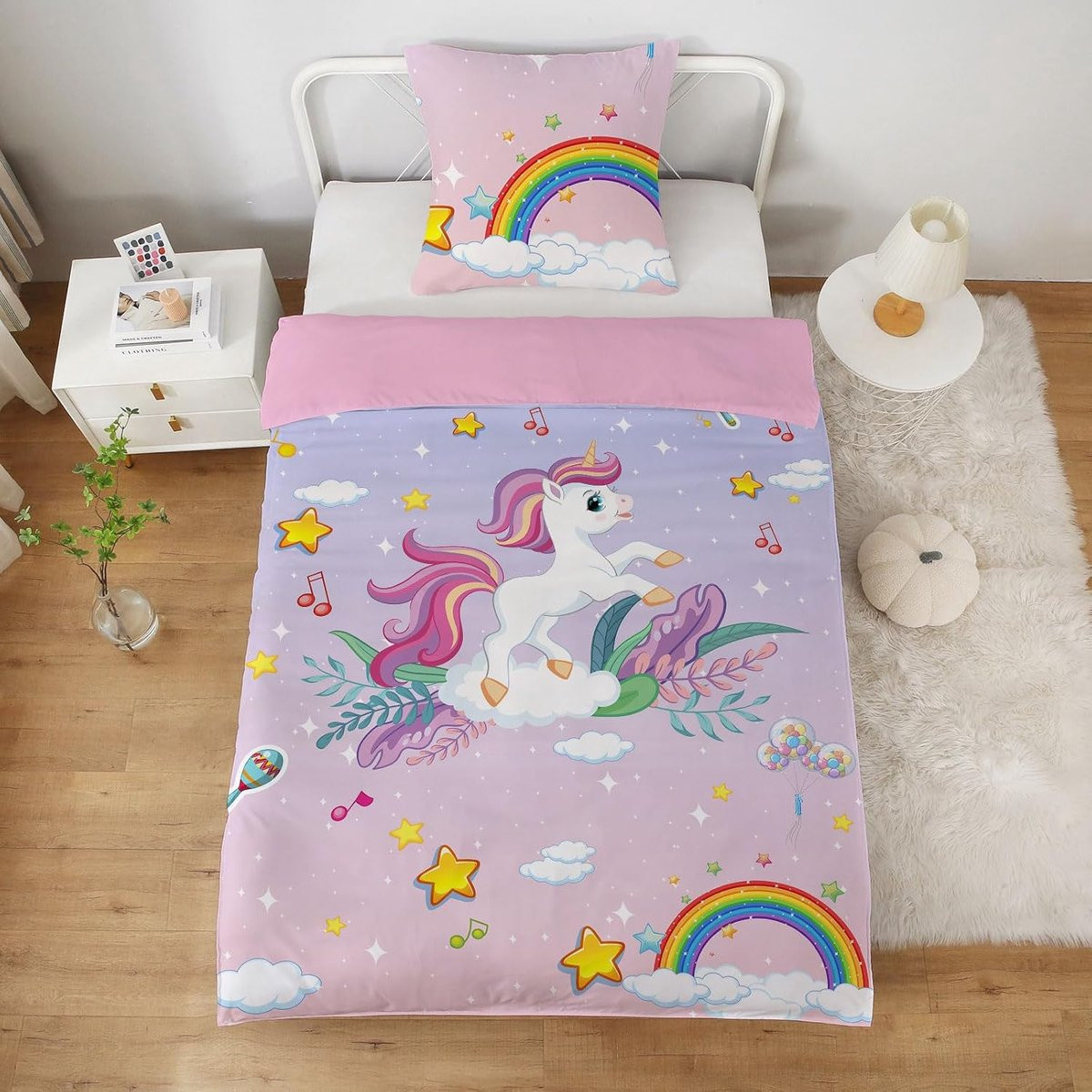 SnelShoppen Eenpersoons Dekbedovertrek Unicorn Meisje Roze met Kussensloop 65x65 cm Sterren en Regenboog 3D Patroon voor Kinderen