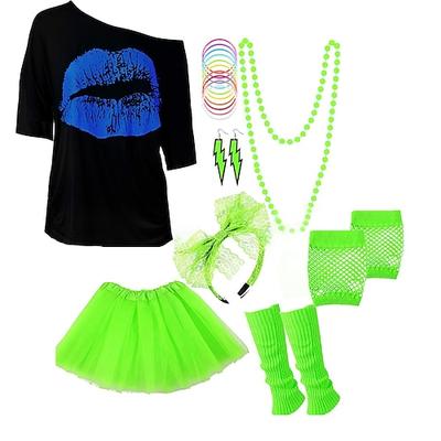 Damen 80er Kostüme Outfit 1980er T-Shirts Accessoires Set T-Shirt Tutu Rock Ohrringe Halskette Armbänder Netzhandschuhe Stulpen Stirnband 8-tlg Schlager Outfit