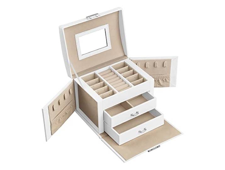 SONGMICS Schmuckkästchen 3 Ebenen, Schmuckkasten mit Griff, 2 Schubladen, Schmuckschatulle mit Spiegel, Schloss, Schmuckaufbewahrung für Reisen, modern, Geschenkidee, klassikweiß JBC154W01