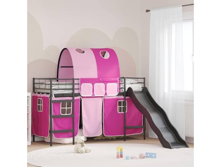 RJPLMFV Hochbett für Kinder, Schwarz und Rosa, 90 x 190 cm, Metall Langlebiger Stahlrahmen, luftige Netzvorhänge, sichere Rutsche, Lattenrost für Kinderzimmer