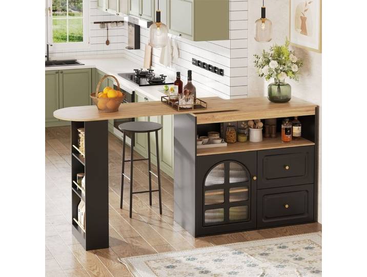 Table Bar Haute Extensible avec Rangements Buffet Bar Rotatif 360° en MDF Tiroirs Niches Ouvertes et Porte Vitrée Arquée Noir