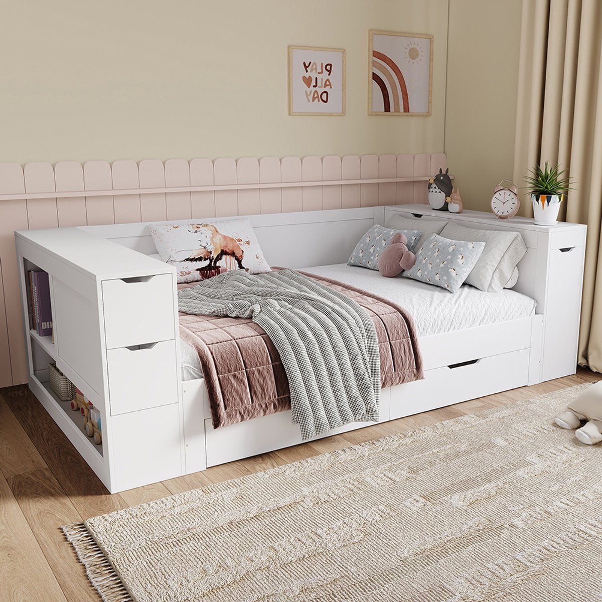 Pugsdrly Multifunctioneel Kinderbed en Dagbed met Opbergruimte en Nachtkastje, Wit, 90 x 200 cm