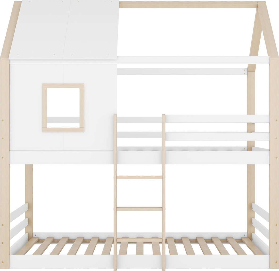 Etagenbett, 90*200cm, Kinderbett mit Leiter und Fensterleiste, Bett mit Lattenrost (ohne Matratze), Kiefer, minimalistischer Stil,Natur