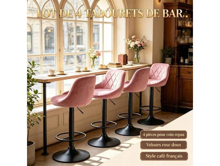 PIPIPOXER Lot de 4 Tabouret de bar velours chaise comptoir réglable pivot 360° mobilier îlot cuisine familial déco luxe pastel